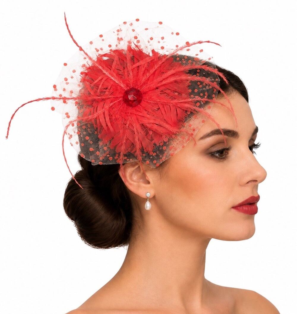 Y2K Coral Feather Fascinator Hair Comb Birdcage Veil Derby Wedding Hat Vintage